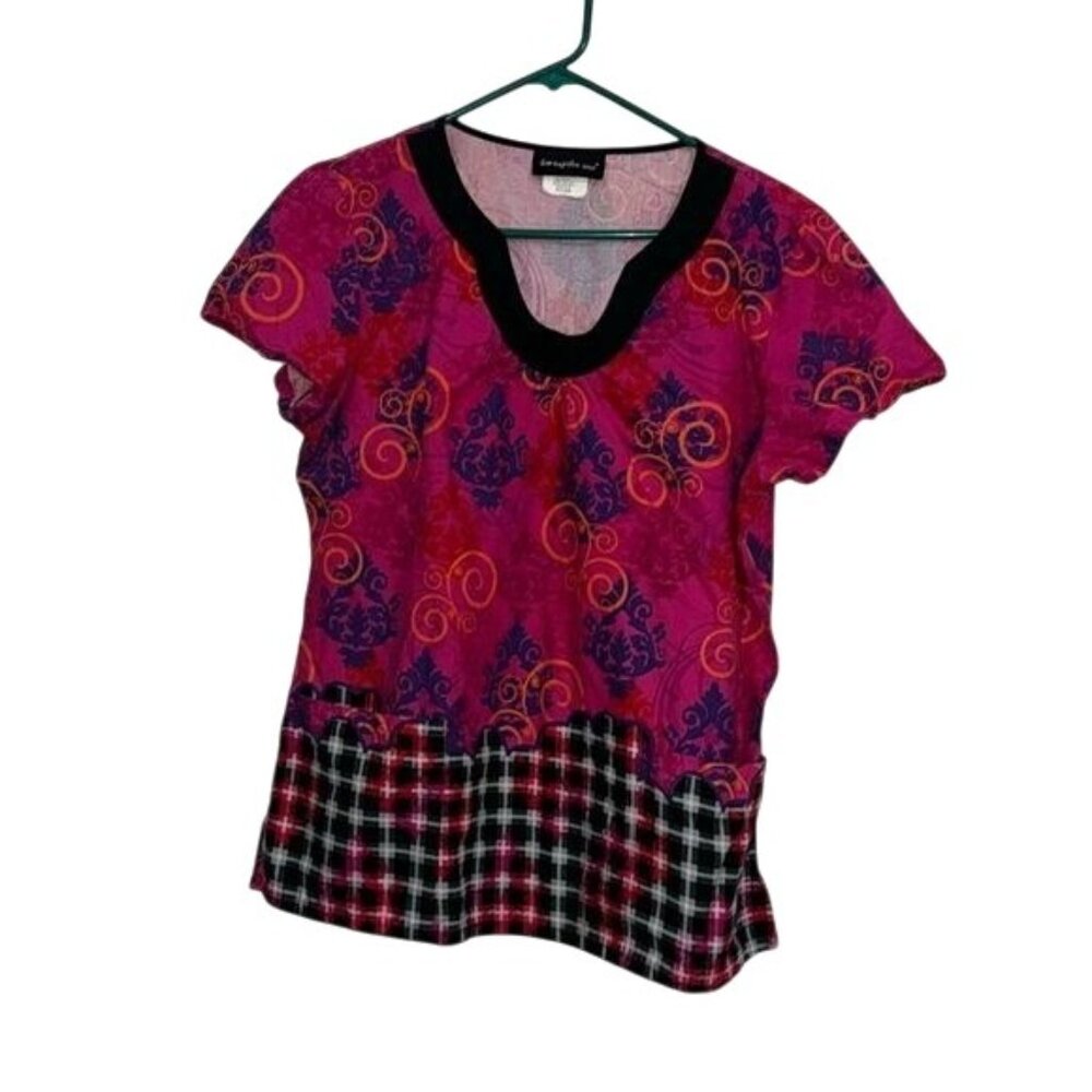 Los Angeles Rose Womens Pink/Orange/Blue Cotton Short Sleeve Top W/ Black Collar